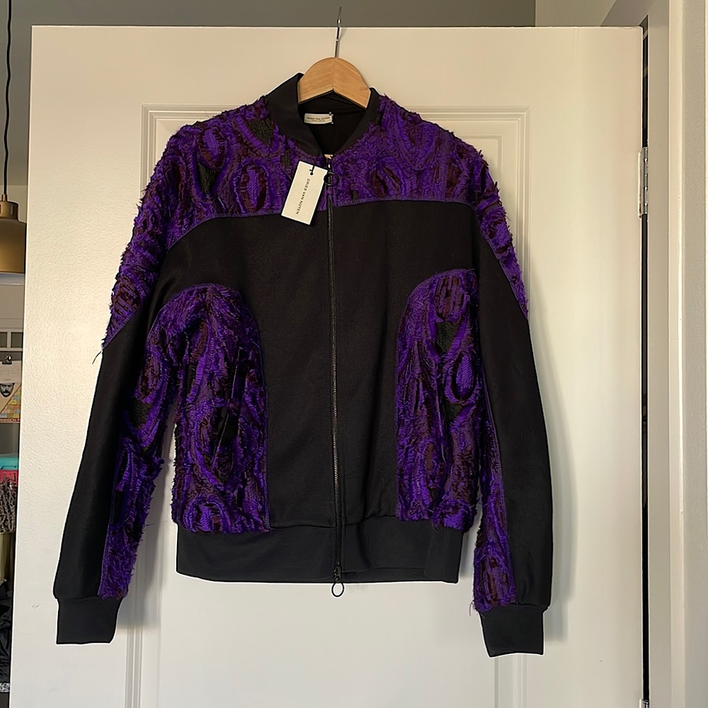 Dries Van Noten black and purple embroidered bomber jacket, oversized mens XS